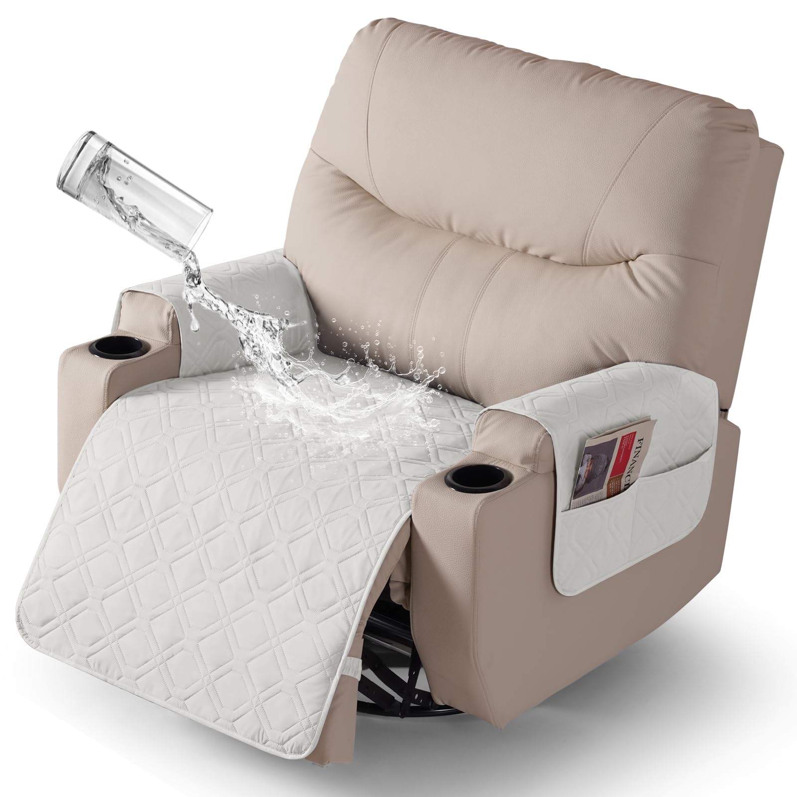 VANSOFY Fundas para sillas reclinables, 100 % impermeables, con funda de asiento para brazo, antideslizante, protector de muebles, lavable, con bolsillo para mascotas y perros (blanco roto, 28