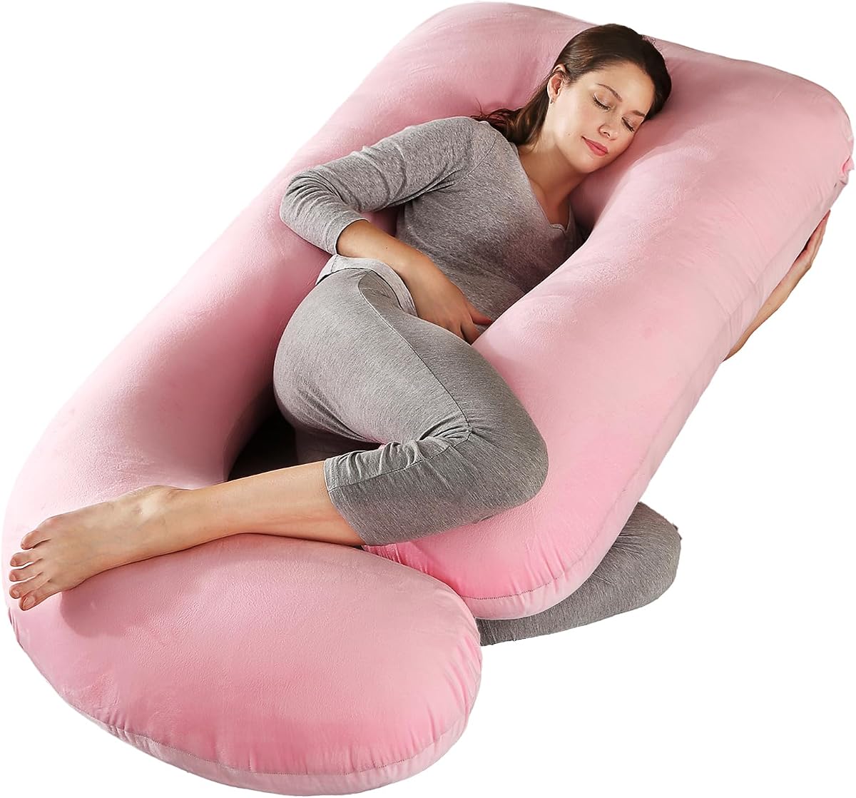 Almohadas de embarazo para dormir: almohada de maternidad de cuerpo completo en forma de U, almohada de embarazo para personas que duermen de lado con funda extraíble, soporta espalda, caderas, vientre y piernas (rosa pálido)