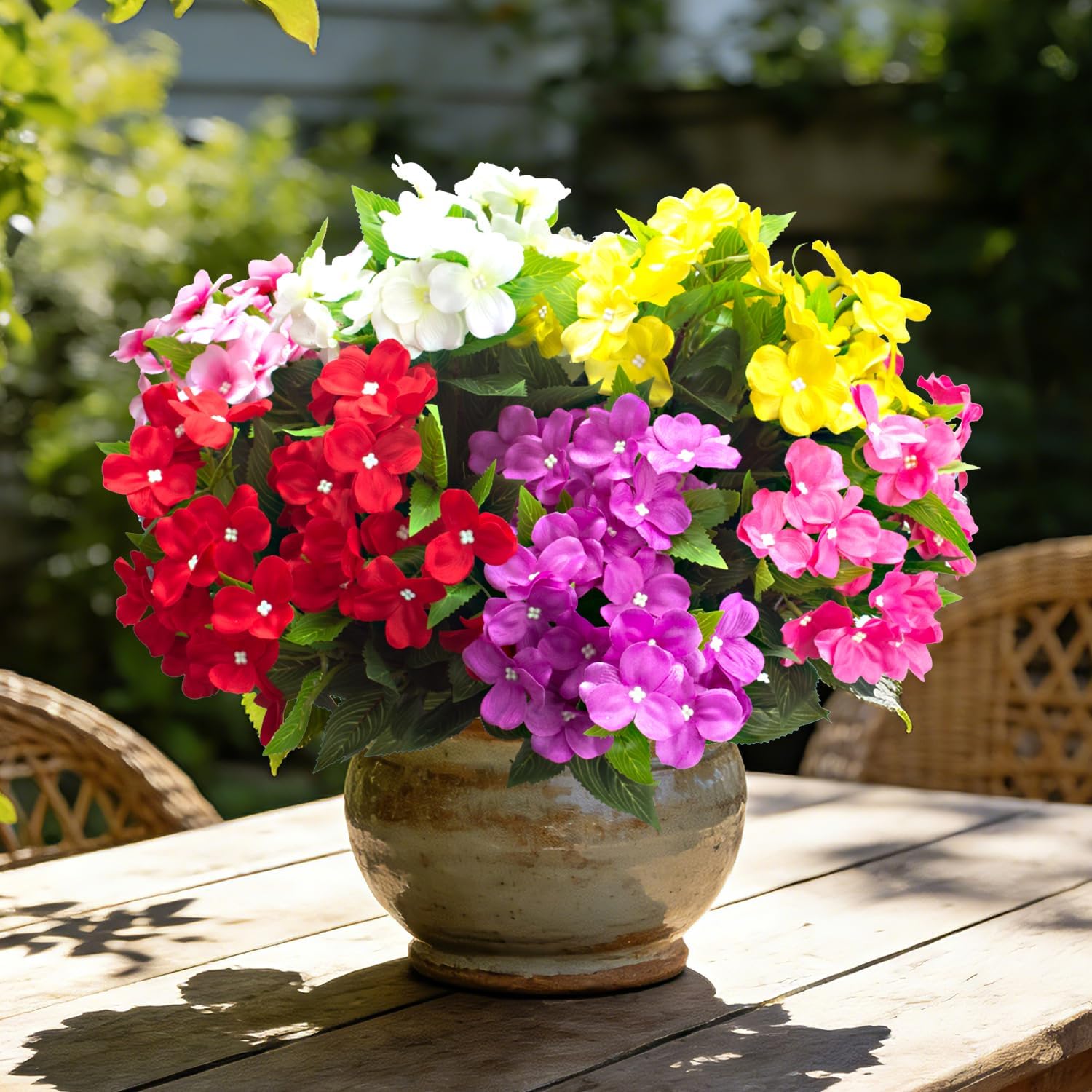 Grunyia 6PCS Artificial Impatiens Bouquet Flowers, Plastic Silk Faux Flowers for Outdoor Indoor Planters, Spring Colors