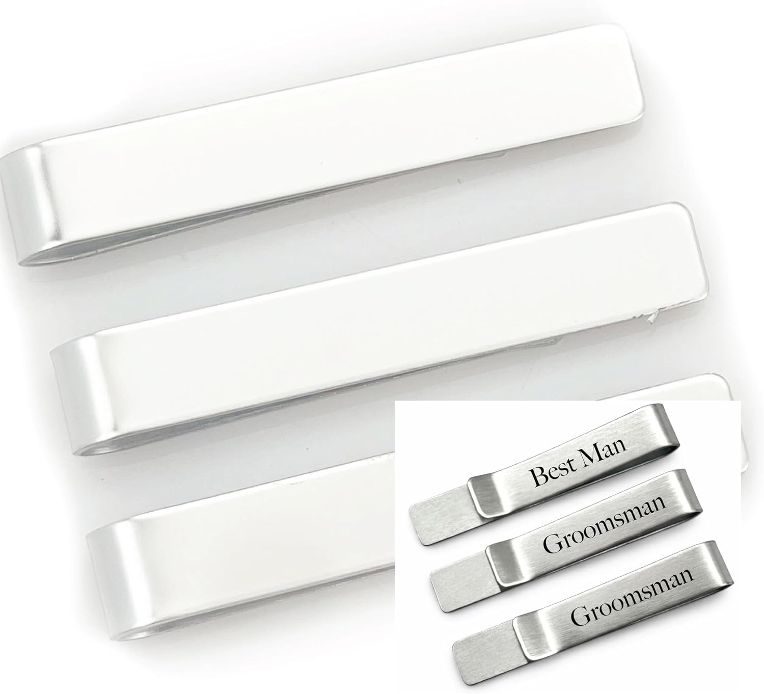 Wedding Party Tie Clip Set of 3 – Stainless Steel Silver Tie Bars for Men – Simple Groomsman Proposal – Gifts for Groomsmen and Best Man (Blank)