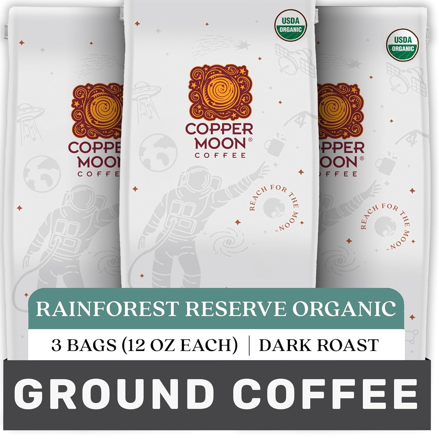 Copper Moon Ground Coffee, Organic Rainforest Reserve, Dark Roast, 3 Bags (12 oz. Each)