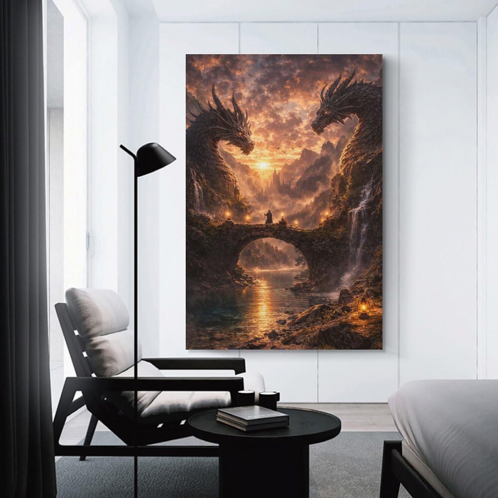 Junmoney Unframe-Style-1 Canvas Wall Art Epic Dragon Bridge Fantasy Landscape, 24X36inch(60X90cm), For Lounge, Study, Hallway Or Flat Walls, Canvas Wall Art That Fits Changing Layouts
