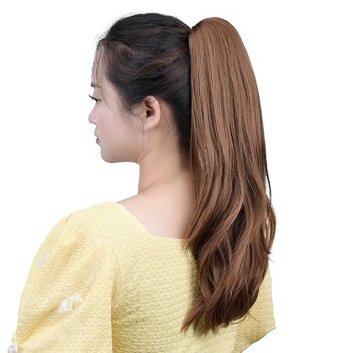 Miniatura 2 de Extensiones de cabello sintético con clip marrón para cola de caballo, 18 pulgadas, lacio, 4.2 onzas, postizos falsos para mujer, Yaki esponjoso,