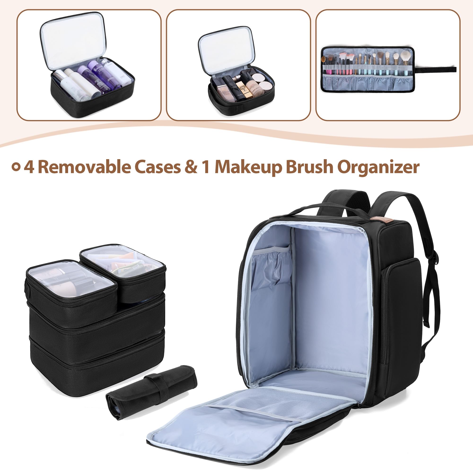 BAFASO Borsa per Cosmetici Zaino, Borsa per il Trucco da Viaggio con Spazio | con 4 Tasche Interne Rimovibili e 1 Borsa per Pennelli per Trucco,(Solo Borsa)