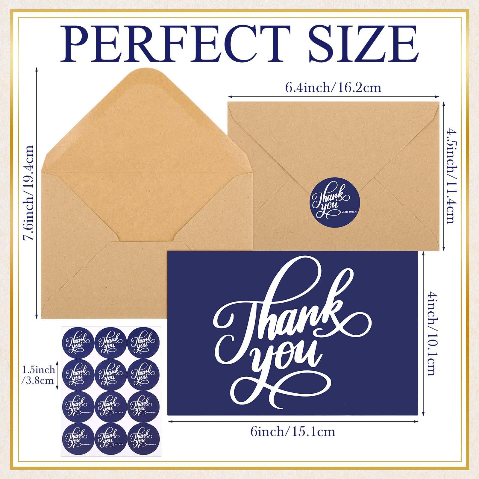 Fulmoon Biglietti di ringraziamento con buste in carta kraft e adesivi abbinati, confezione da 200, 10 x 15 cm, minimalisti e professionali alla ricerca di affari, matrimoni, lauree, baby shower,