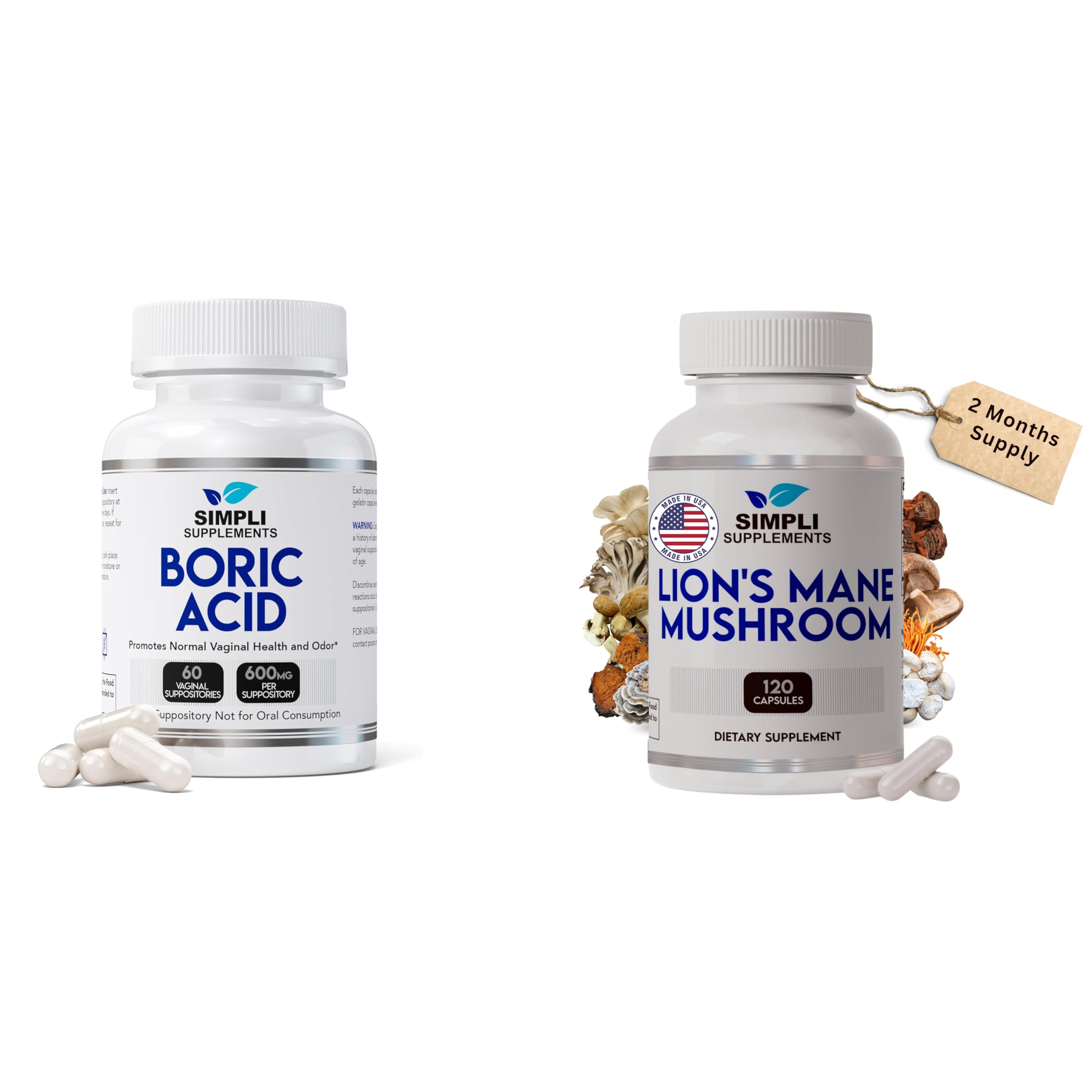 Boric Acid Suppositories + Lion’s Mane Mushroom Capsules | Feminine Care & Cognitive Wellness Bundle