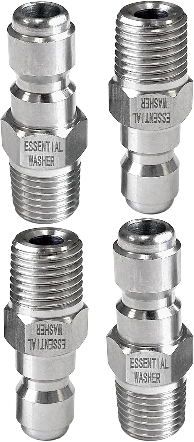 Essential Washer Stainless Steel ¼” Plug Male NPT | Pressure Washer Quick Connect Fittings | 5000 PSI | Set Of 4