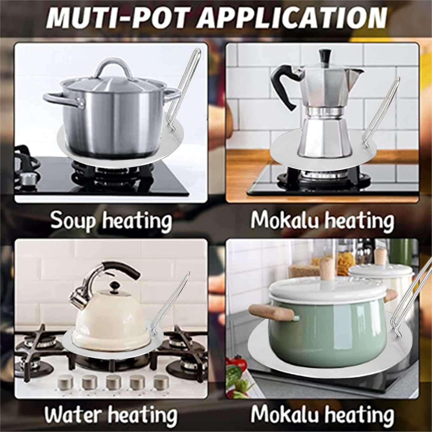 Jerliflyer 9.4inch induction adapter plate, Stainless Steel heat diffuser for glass stove cooktop, Removable Handle Coffee Milk Cookware Hob Heat Cooking for Gas Electric Cooker(24cm)