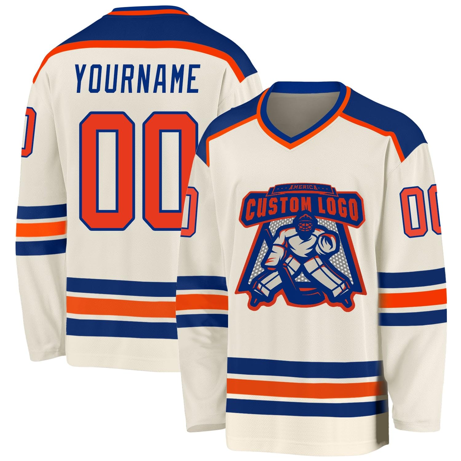 Custom Name Number White Black-Orange Hockey Jersey, Personalized Team V-Neck Sports Hockey Jersey for Men Women Youth
