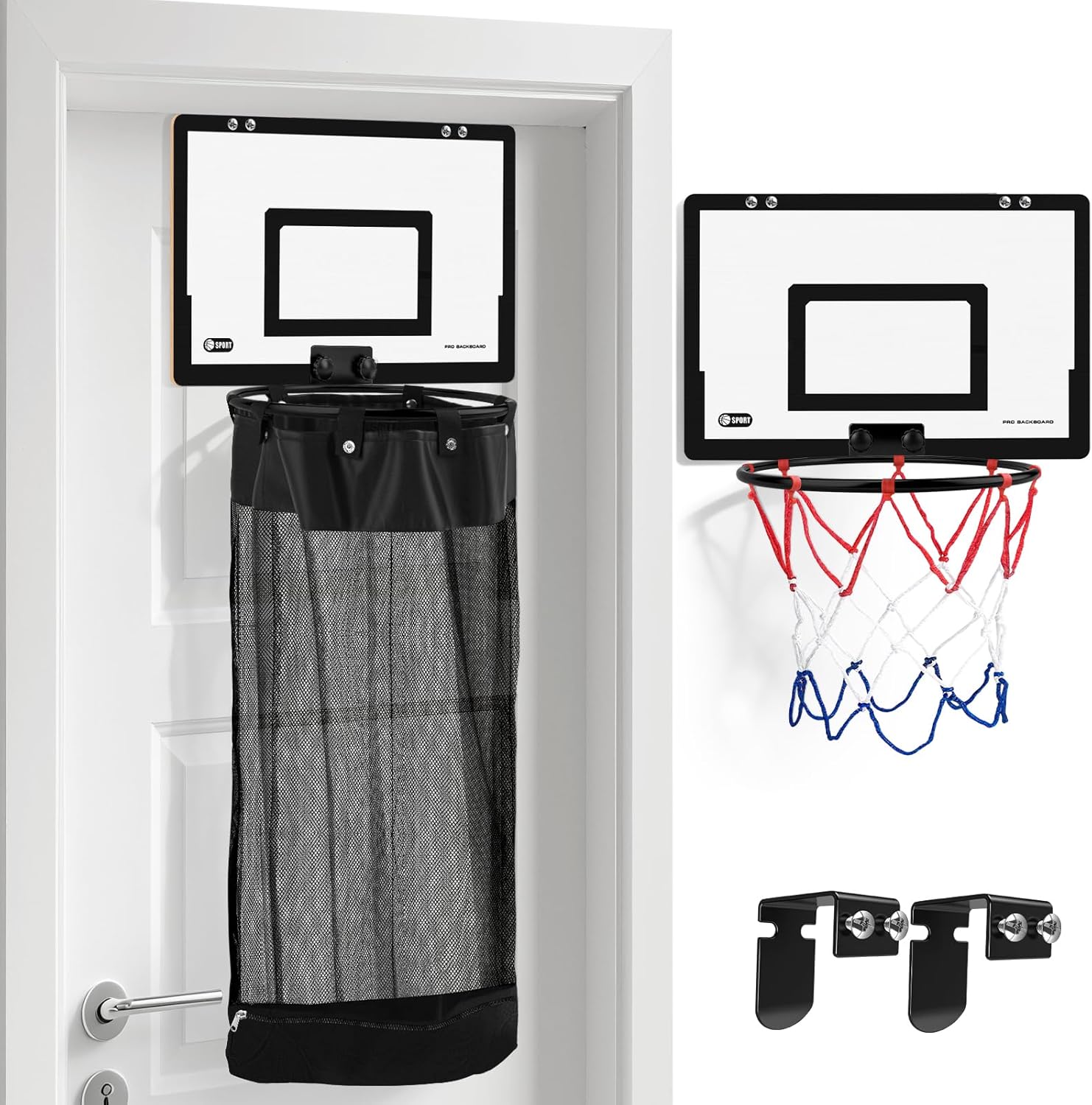 Over the Door Basketball Laundry Hamper, 2-in-1 Wooden Sports Laundry Basket with Basketball Hoop & Bottom Zipper, Adjustable Hanging Clothes Hamper for Kids Teens Bedroom Dorm Bathroom