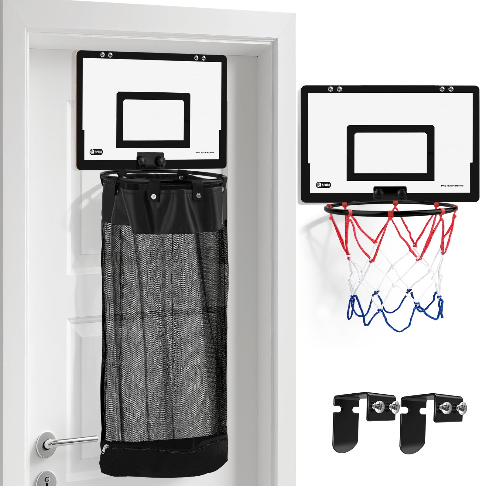 Basketballkorb und Basketballkorb über der Tür, 2-in-1 Holz-Sportwäsche/Wäschekorb mit Reifen und Reißverschluss unten, für Kinderzimmer, Teenager, Schlafzimmer, Schlafsaal, Badezimmer