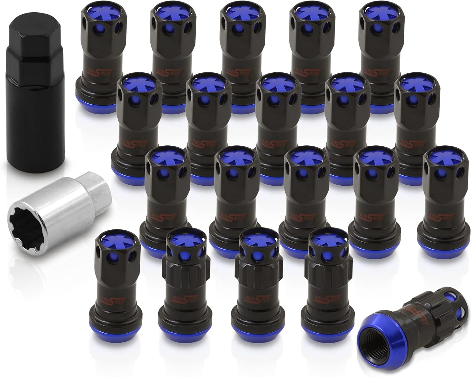AJP Distributors 20 Piece Universal M12x1.25 Open or Closed End Steel Lug Nuts, 20pc M12 x 1.25MM Lug Nut Set + Locking Adapter Key Socket Wheels Rims JDM VIP Kit Black Body Blue Cap