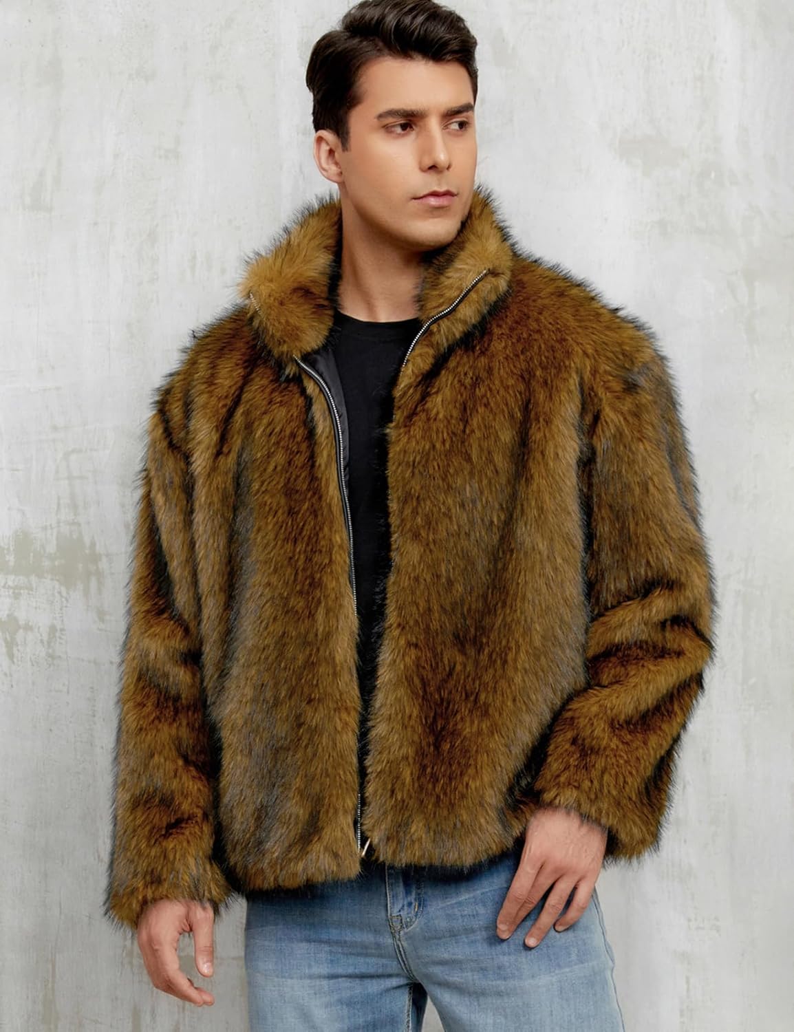 Gihuo Faux Fur Coat Winter Jackets for Men Fur Jacket Warm Fluffy Furry Outcoat Fake Fur Outerwear With Zipper - Image 6