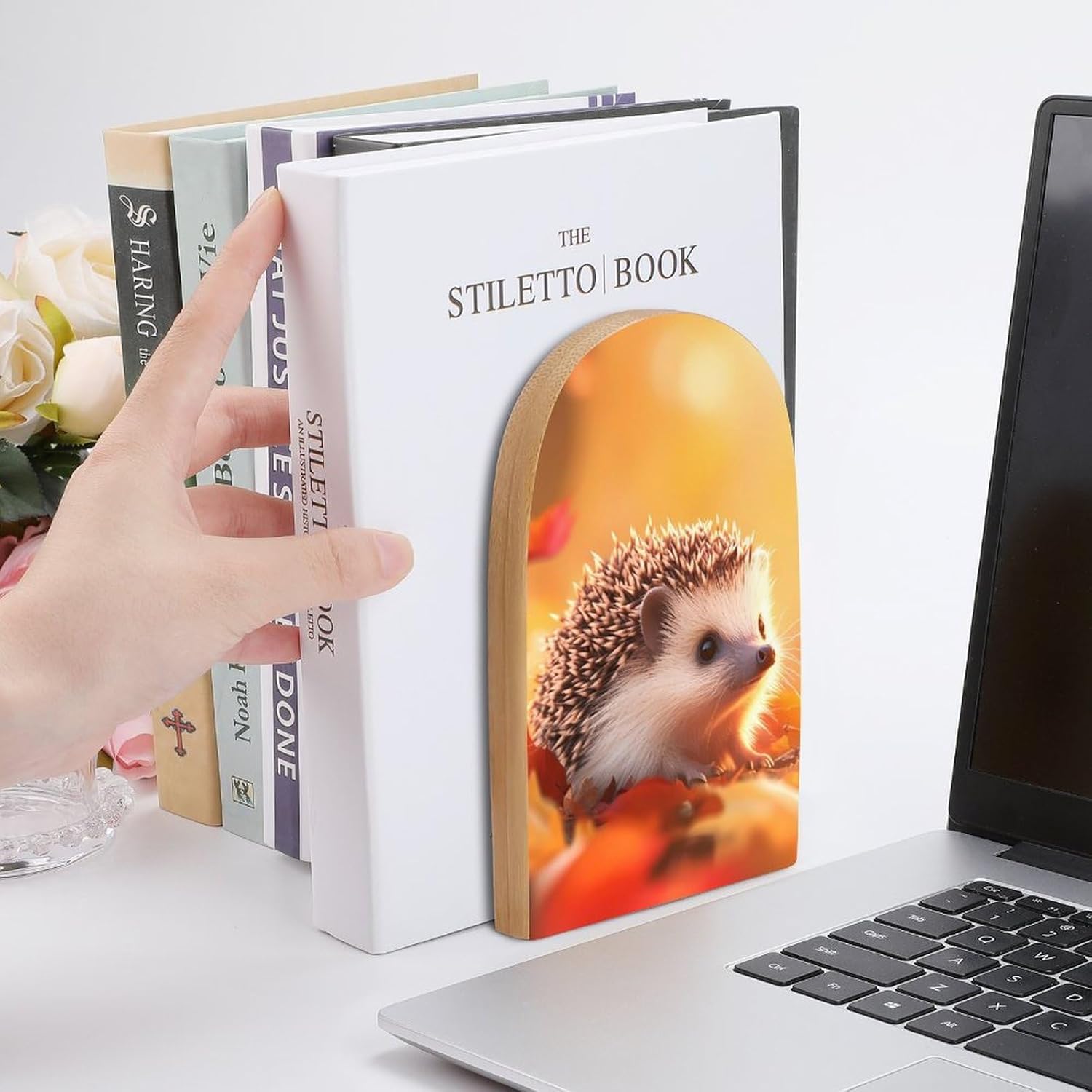 Cute Hedgehog Colorful Autumn Cute Wood Book Ends Decorative Bookends 1 Pair Non-Skid for Shelves Home Office 7 X 5 Inch