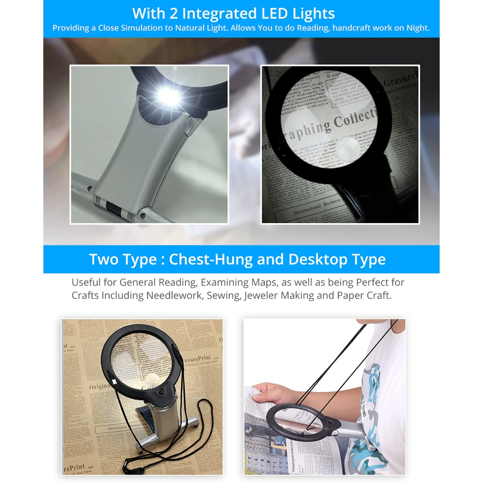 Lupa de Mano 2 en 1 con Luces, Ideal para Leer, Bordar, Hacer Joyas y Manualidades. Doble Comodidad.