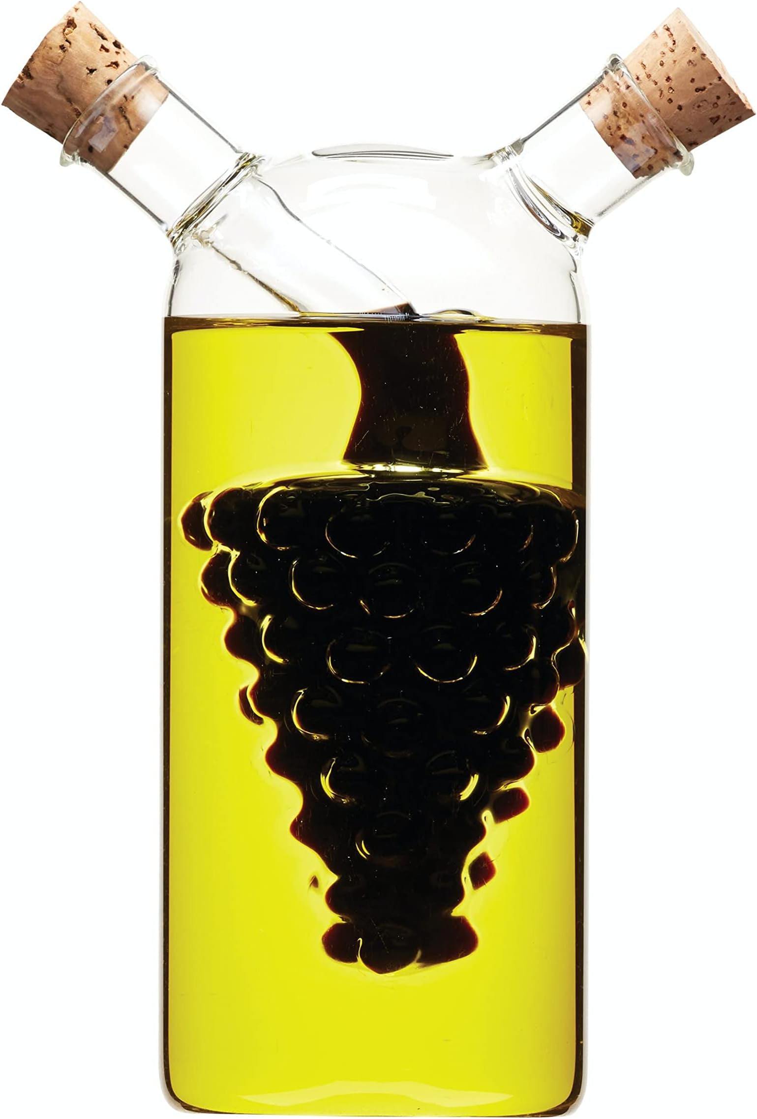 KitchenCraft World of Flavours Oil and Vinegar Dispenser Glass, 2 in 1 Oil and Vinegar Bottle, Cruet Bottle with Cork Stoppers, Grapes Design, 5 + 3 ml