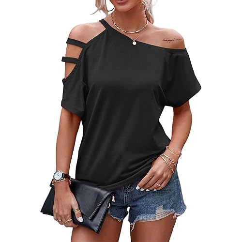 LilyCoco Women's Off The Shoulder Top Short Sleeve Cutout Asymmetrical Neck T Shirt