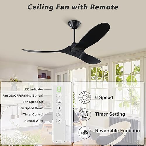 Miniatura 2 de Modernos ventiladores de techo negros sin luces, ventilador de techo de madera de 52 pulgadas para patio con motor CC reversible remoto, ventilador