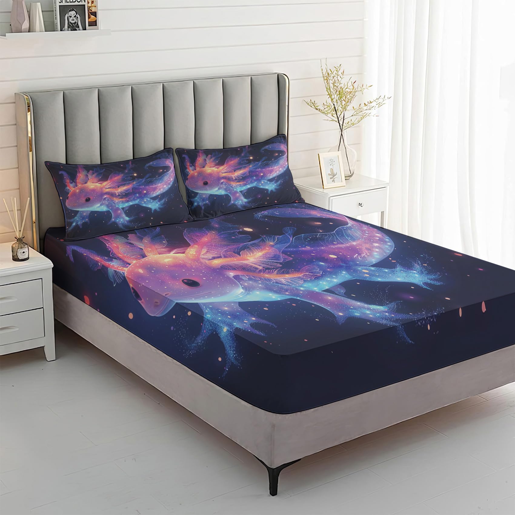 Zvynqour Axolotl Bed Sheets Cal King Size - Underwater Creature Sheet Set - Deep Pocket Fitted Sheets & Flat Sheet & Pillowcases 4 Piece - Galaxy Bedding & Decor - Soft Brushed Microfibe