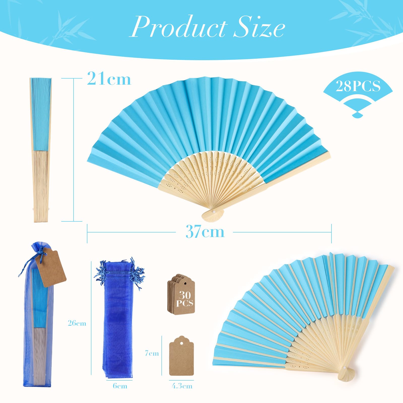 SWAWIS 28 Piezas Azul Abanicos de Papel, Abanico Plegable con 30 Bolsas de Organza y Tarjetas de Agradecimiento, Abanicos de Bambú para Bodas Bautizos Decoraciones Fiestas DIY
