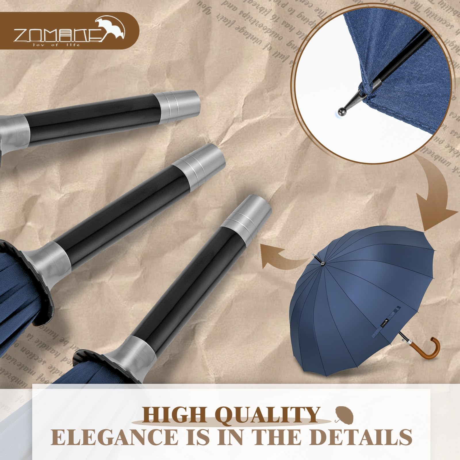 ZOMAKE Ombrello Pioggia 55 Pollici,Ombrello Classico Automatico Antivento 16 Costole, Ombrello Golf Grande XXL Robusto Con Manico In Legno Uomo Donna