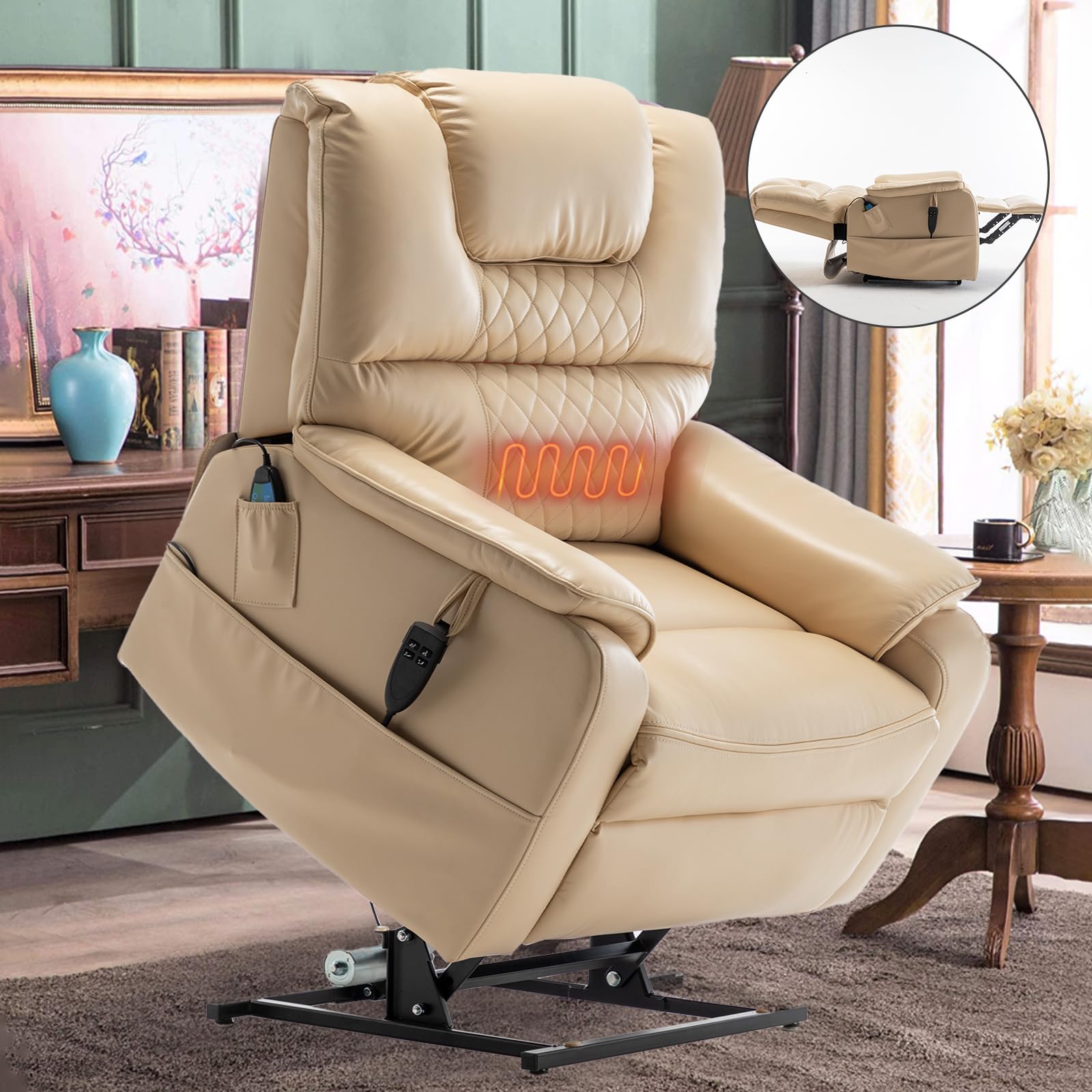 Power Lift Recliner Chair with Massage and Heat for Elderly,Oversized Boy Lazy Electric Leather Recliner Chairs for Adults with Lay Flat 180°,2 Side Pockets,Remote Control Hook,Beige