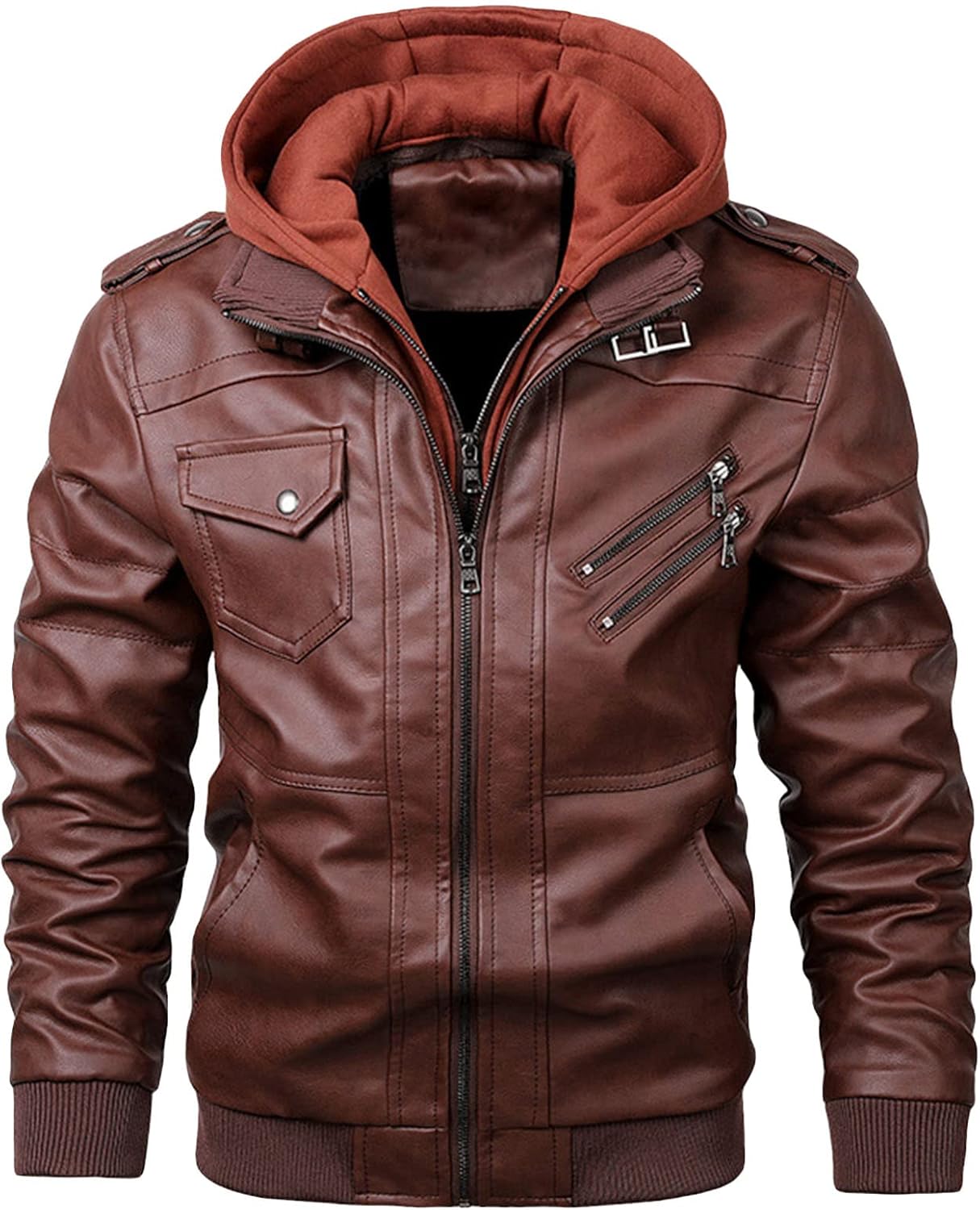 Men's Motorcycle Hooded Leather Jacket Casual Hoodie Faux Leather Jacket Men Biker Pu Jacket With Removable Hood