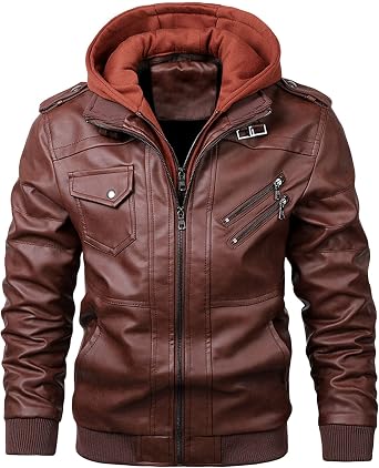 Mens Motorcycle Hooded Leather Jacket Casual Hoodie Faux Leather Jacket Men Biker Pu Jacket With Removable Hood