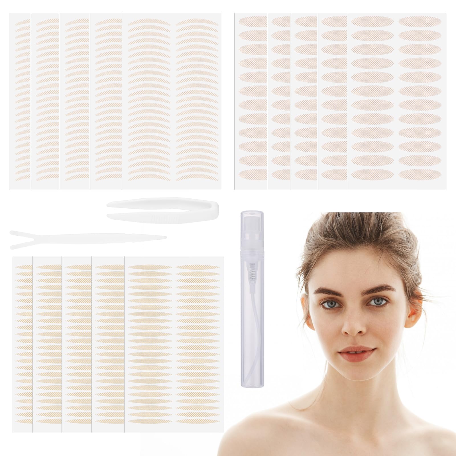 720PCS Invisible Double Eyelid Tape,Waterproof Eyelid Lifter Strips for Drooping Eyelids, Single Eyelids, with Fork Bar, Tweezers and Spray Bottle (Thin Strip, Olive shape and Round)