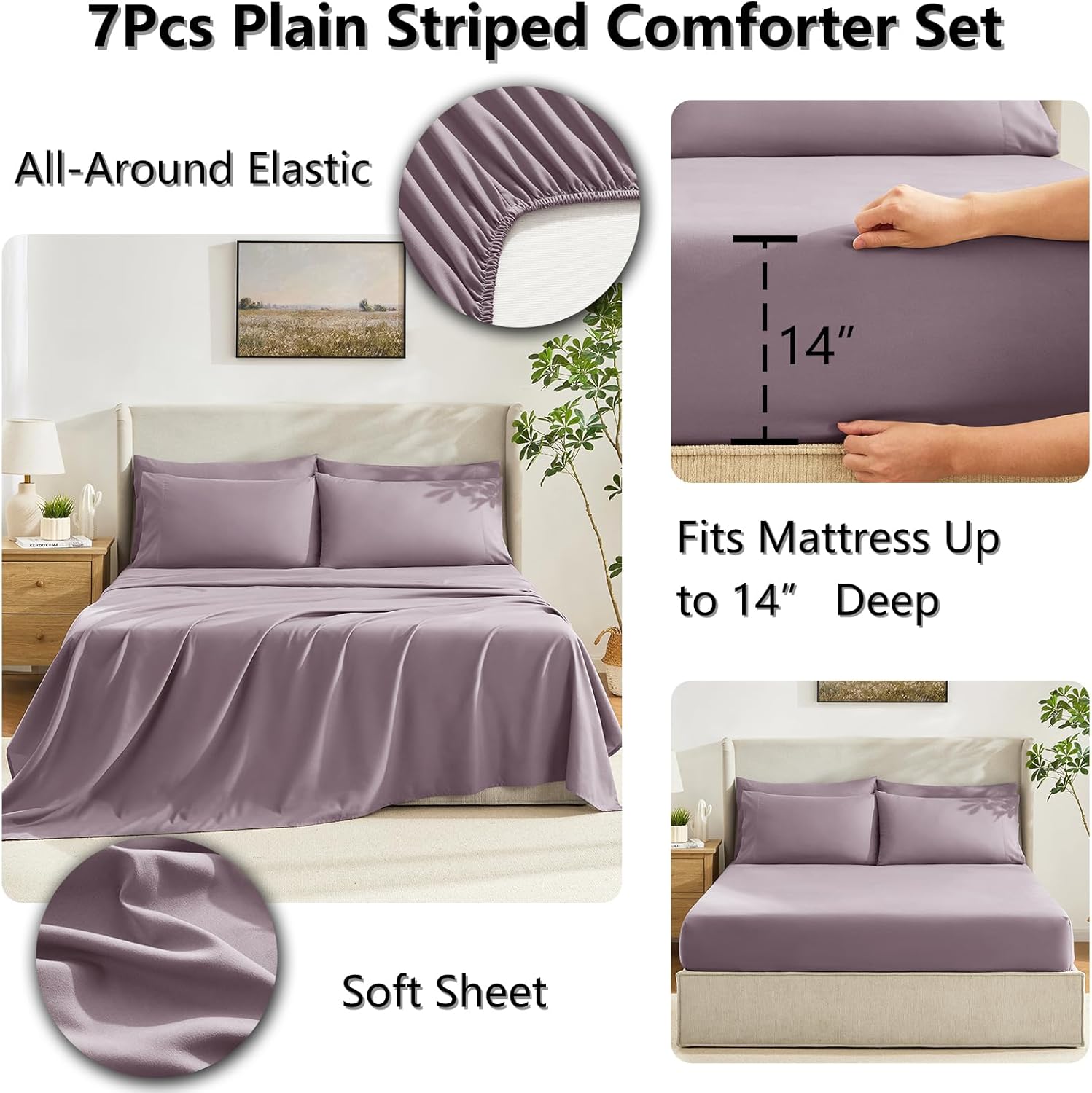 CozyLux King Size Comforter Set Dusty Purple - 7 Pieces Bed in a Bag Dusty Purple Comforter King Size, Bedding Set with All Season Quilted Comforter, Flat Sheet, Fitted Sheet, Pillowcases - Image 5