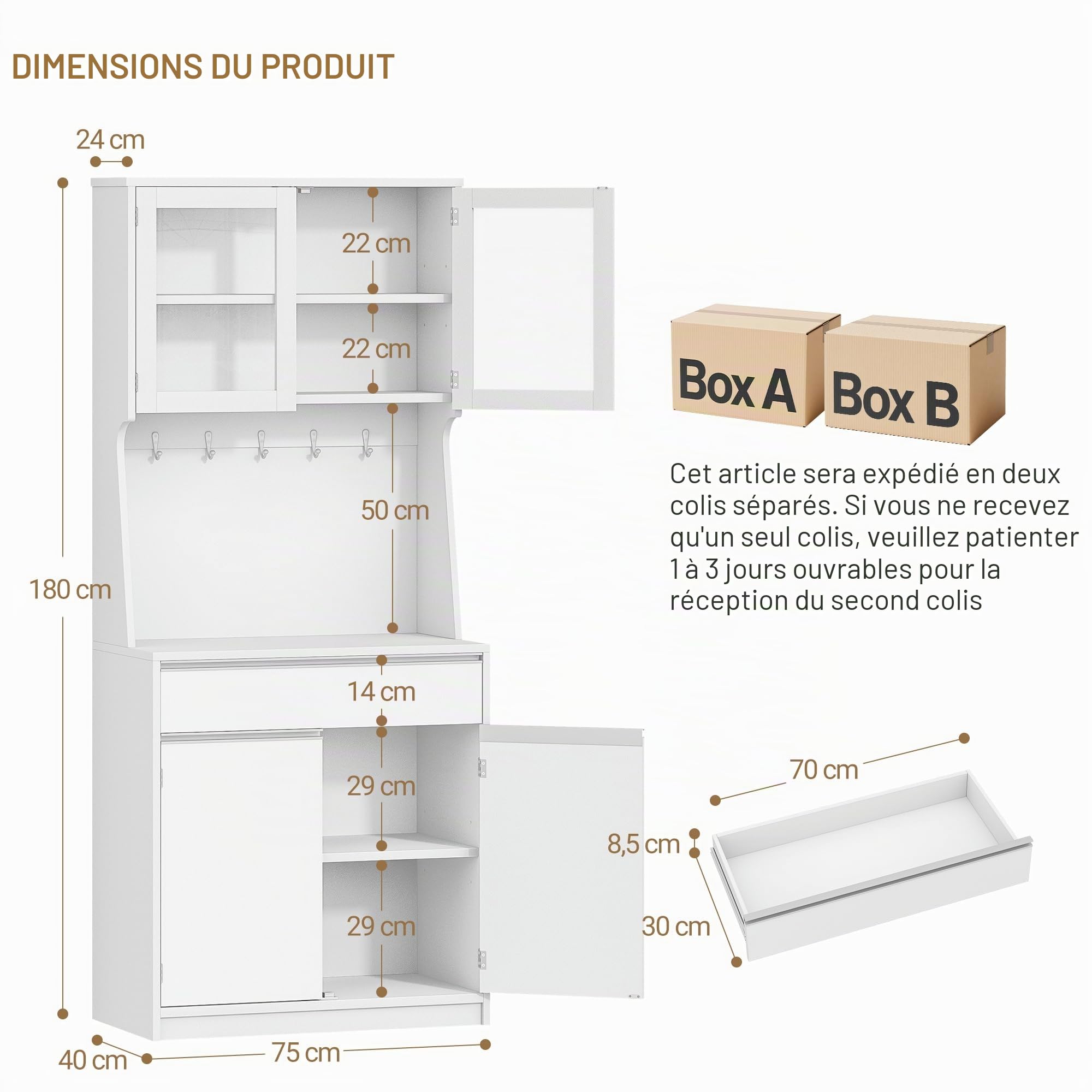 Hzuaneri Meuble Cuisine, Buffet Haut, Meuble de Rangement avec Plan de Travail et 4 Compartiments de Rangement, Cuisine, Salon, 40 x 75 x 180 cm, Blanc Naturel, PT40003XV1