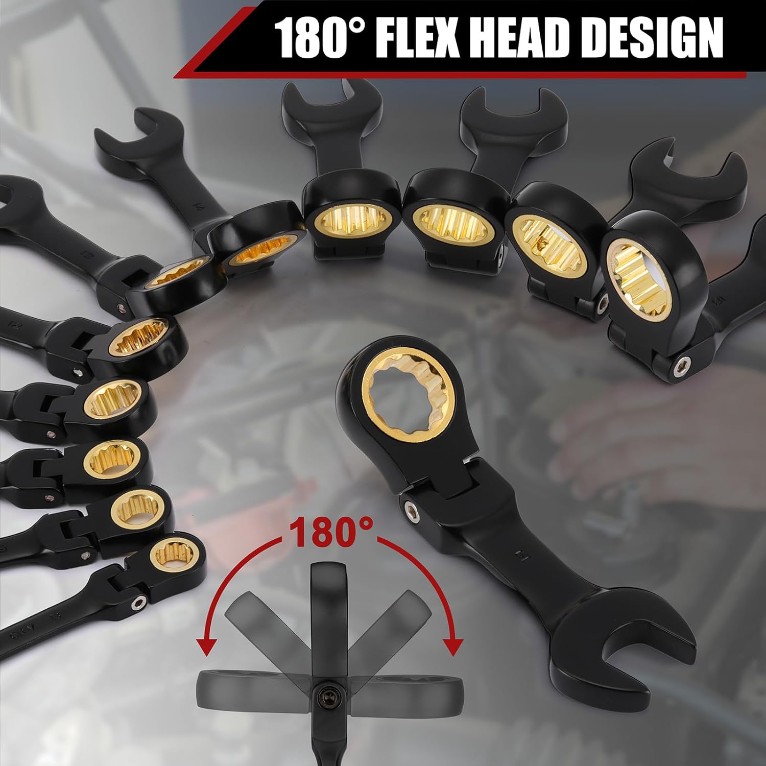 Mayouko 24PCS Stubby Flex Head&Regular Ratcheting Combination Wrench Set, Standard in SAE 1/4"-7/8" & Stubby in Metric 6-22mm, 12 Point, 72 Tooth, Cr-V Steel with Black Chrome Finish