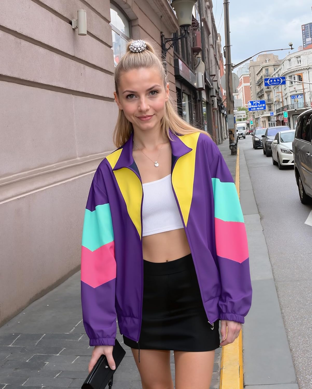 UOUA 80s Windbreaker Jacket for Women Retro Color Block Wind Breaker Long Sleeve Reversible Casual Coat - Image 3