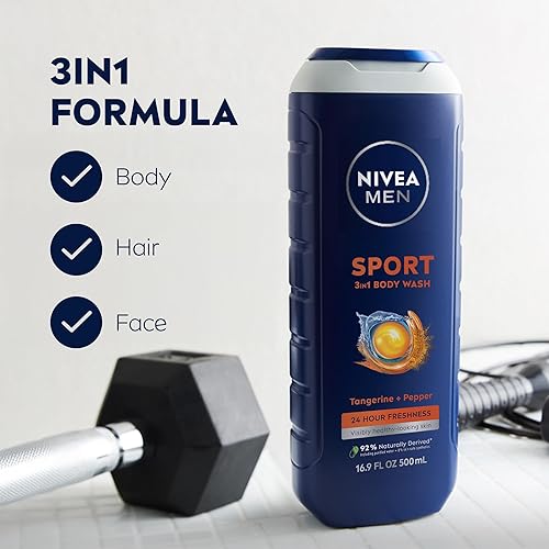 Miniatura 2 de NIVEA Men Sport Body Wash with Revitalizing Minerals, Tangerine and Pepper Scent, 3-in-1 Men's Body Wash, Face and Hair, Paraben Free, Vegan