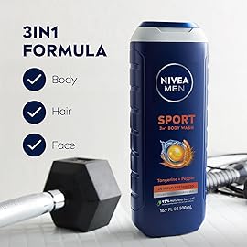 NIVEA Men Sport Body Wash with Revitalizing Minerals, Tangerine and Pepper Scent, 3-in-1 Men\'s Body Wash, Face and Hair, Paraben Free, Vegan Formula, 16.9 Fl Oz Bottle