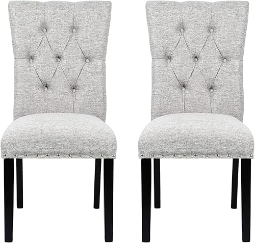 asunflower Juego de 2 sillas de comedor de tela con respaldo alto, modernas sillas tapizadas para comedor con patas de madera, color gris