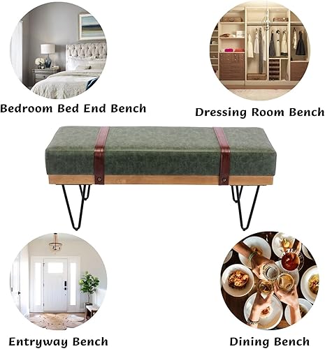 Miniatura 5 de LukeAlon Cómodo banco de entrada largo de piel sintética, acolchado para dormitorio, banco otomano moderno con dos correas y patas de horquilla de