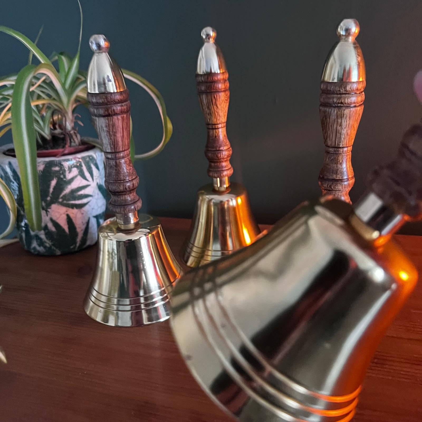 Set of Four Elegant 18cm Aluminium Library Hand Bell with Antique Brass Finish and Wooden Handle