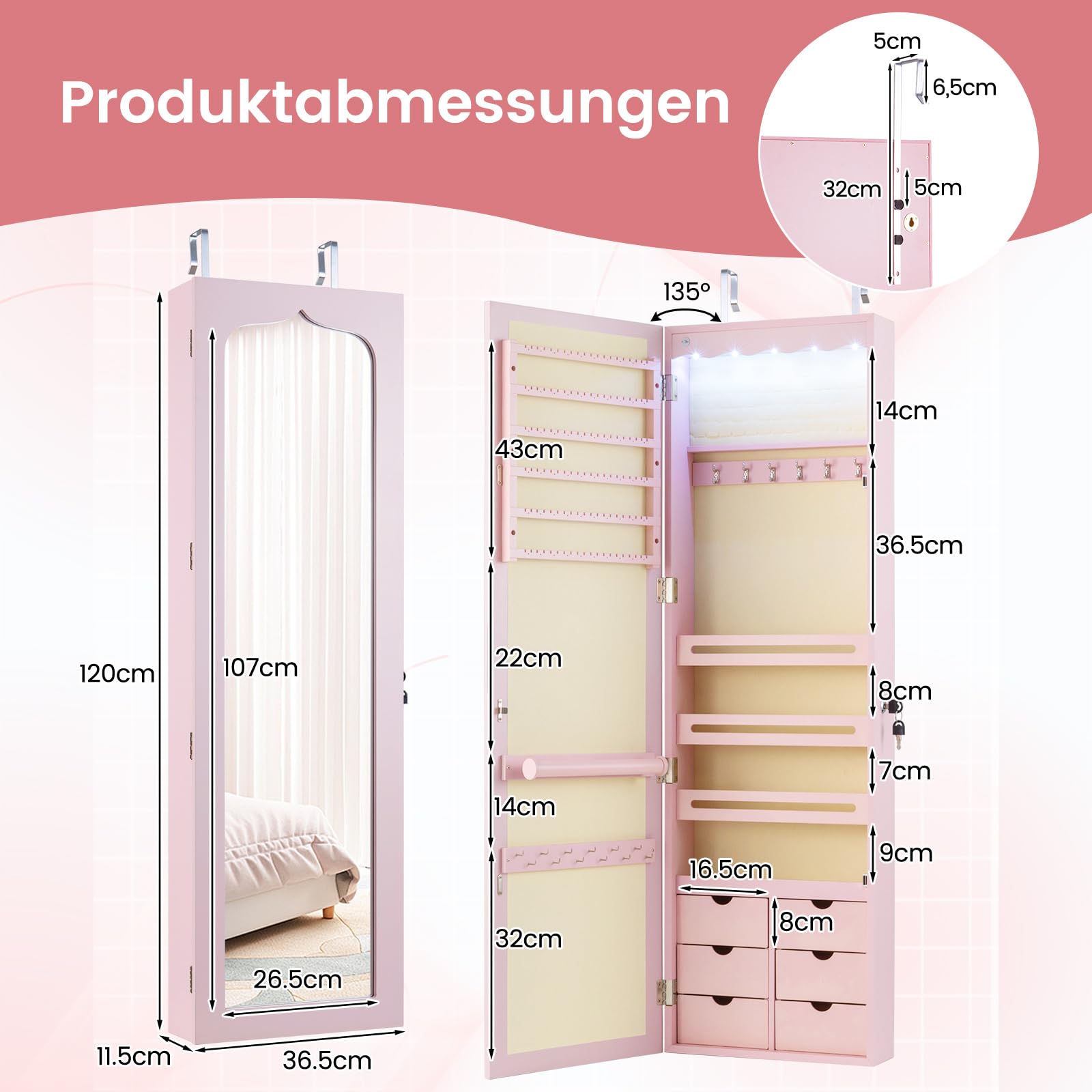 RELAX4LIFE Schmuckschrank mit automatischen LEDs, Schmuckregal mit 6 Schubladen & 3 Lagerregalen & Spiegel, Schmuckorganizer für Ohrringe Armband Kette Ringe Kosmetik, Tür- & Wandmontage (Rosa)
