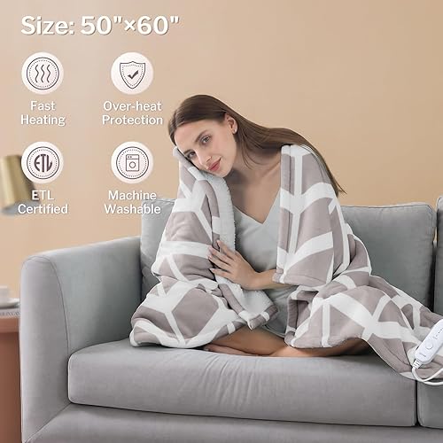 Miniatura 5 de VENTIMI Manta eléctrica con calefacción, manta térmica de 50 x 60 pulgadas con 5 niveles de calor y 3 horas de apagado automático, mantas de