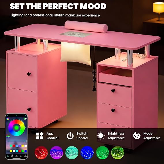 Manicure Table with RGB LED Lights,LED Nail Desk with Wrist Rest&3 Drawer&2 Cabinet,Nail Station Beauty Technician Desk with Electric Dust Collector&Dust Bags,Rolling Nail Table with Lockable Wheel