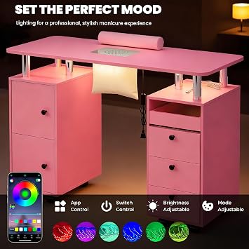 Manicure Table with RGB LED Lights,LED Nail Desk with Wrist Rest&3 Drawer&2 Cabinet,Nail Station Beauty Technician Desk with Electric Dust Collector&Dust Bags,Rolling Nail Table with Lockable Wheel
