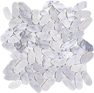 12 Grey and White Bathroom Ideas for Soft Clean Timeless Neutrals 120 Tenedos Carrara White, Greyish and Dark Grey Marble Tumbled Sliced Pebbl...