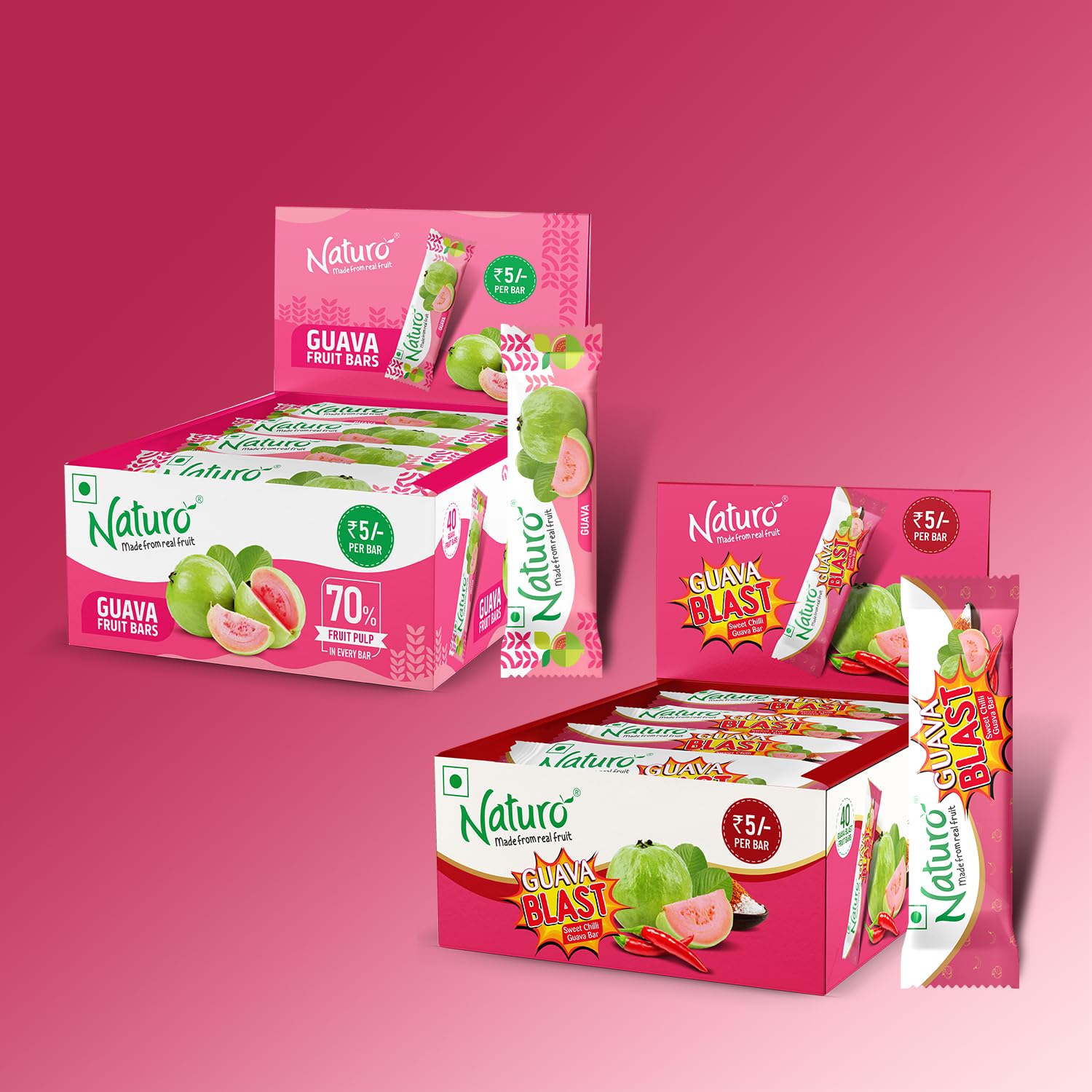Naturo Guava Blast Fruit Bar - Sweet Chilli Fruit Bars | Guava Fruit Bars Dispenser | Spicy & Sweet Snack | Travel Pack | Fun Fruit Snacks | 40 Bars Dispenser x 2 Packs | Gifting & On-the-Go Treat