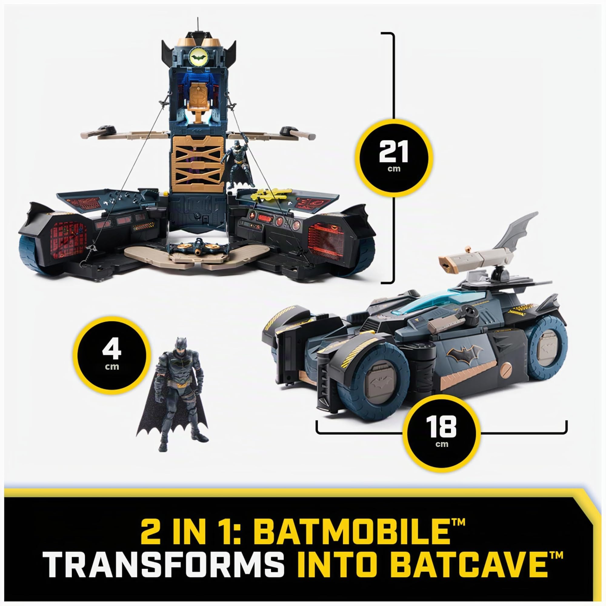 DC Batman, Set de Juego de Batimóvil Transformable, Set de Juego de Batman 2 en 1 con Figura inédita de Batman y Batglider, Luces y Sonidos, Juguetes para niños y niñas a Partir de 4 años