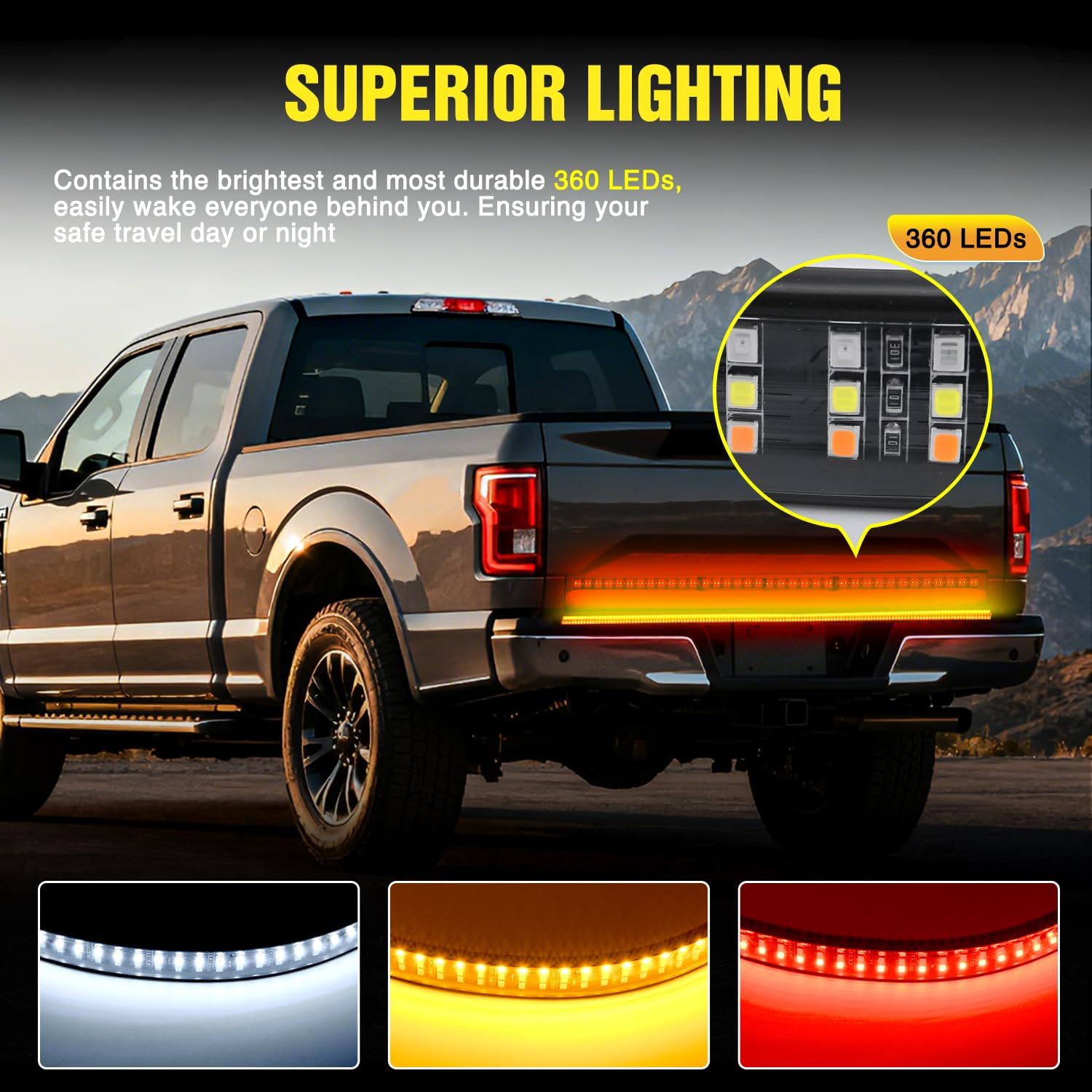 Nilight Truck Tailgate Light Strip 48" Triple Row 360 LED Strip with Red Running Brake Lights White Reverse Light Amber Turning Signals Strobe Lights，2 Years Warranty