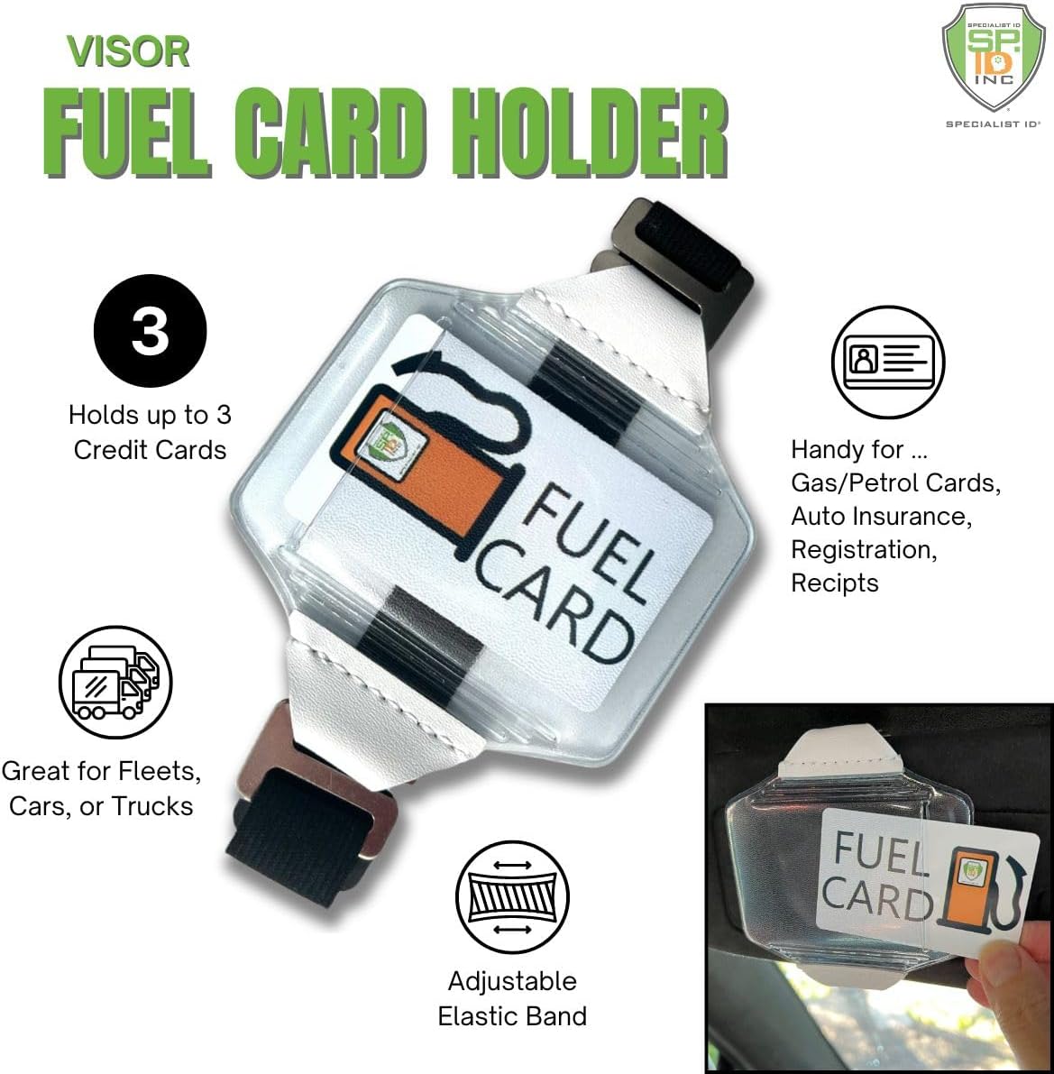 5 Pack - Heavy Duty Visor Fuel Card Holder with Clear Vinyl Pocket - Truck & Car Accessories for Interior - Drivers License, Auto Insurance Card & Fleet Vehicle Gas Log Storage - Specialist ID (Black)