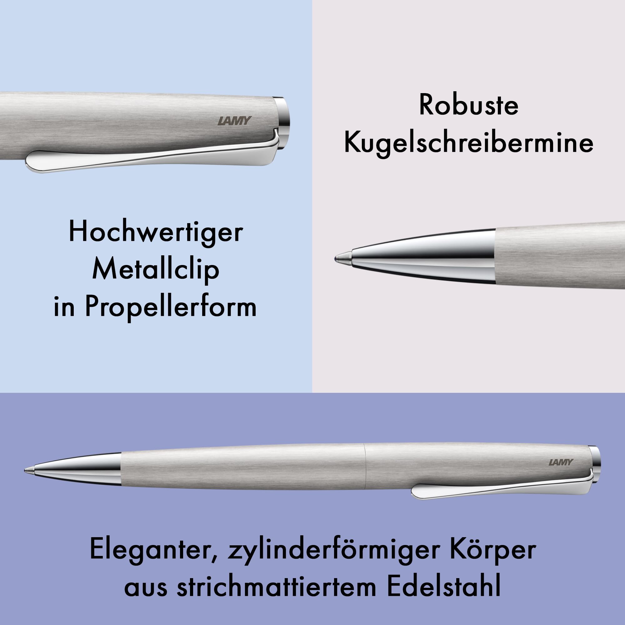 Lamy studio brushed Kugelschreiber in Stichbreite M | Lamy Kugelschreiber in elegantem Gehäuse aus Edelstahl – mit propellerförmigem Clip – inkl. Großraummine M 16 in schwarz