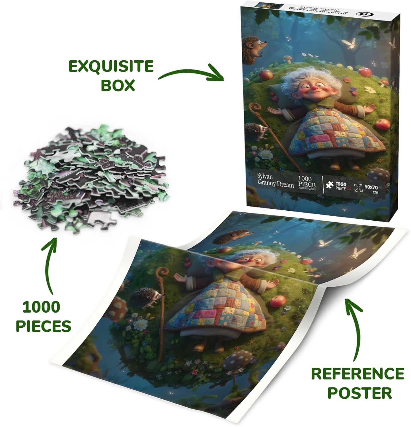 Forest Quilt Grandma Puzzle for Adult 1000 Pieces, Magic Nature Landscape Jigsaw Puzzle, Night Happy Granny Art Puzzle