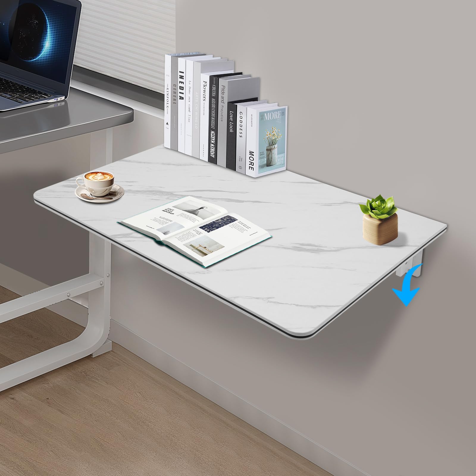 Tavolo pieghevole da parete 80x50cm bianco, struttura MDF e metallo con collegamento pop-up, salvaspazio per ufficio, casa e studio